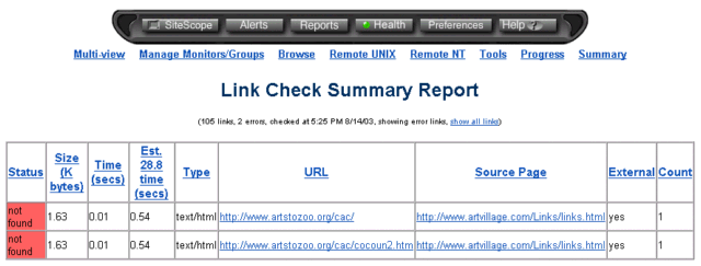 SiteScope Link Check Sumamry Report