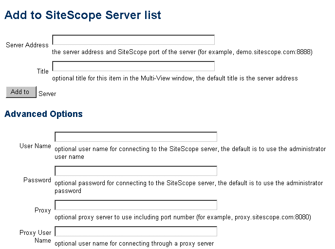 SiteScope Multiview add server page view 