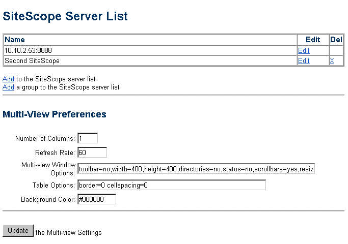 SiteScope Multiview add server page view 